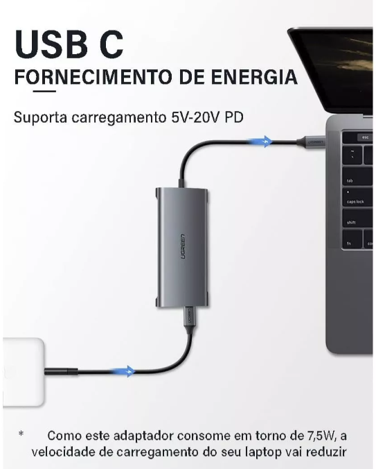 Hub Tipo C UGREEN 8 em 1, 3x USB 3.0, HDMI, SD, TF, RJ45, Tipo C PD – UG-50538