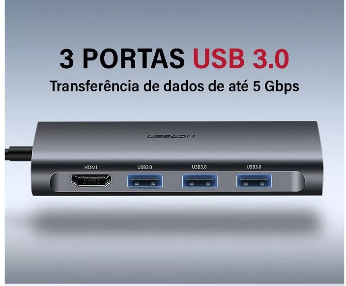 Hub Tipo C UGREEN 8 em 1, 3x USB 3.0, HDMI, SD, TF, RJ45, Tipo C PD – UG-50538