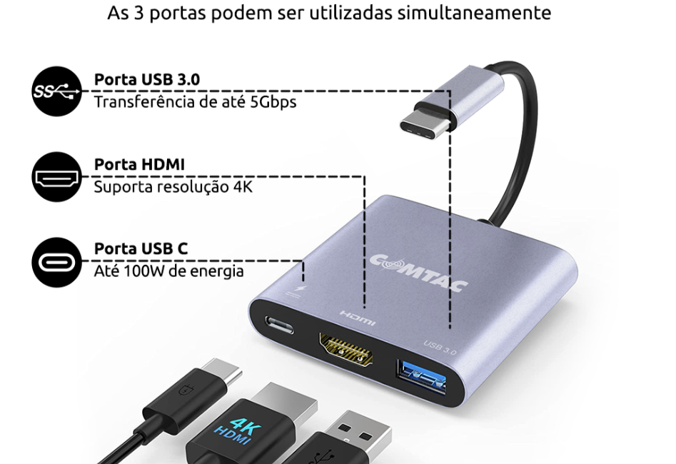 Hub Tipo C Comtac 3 em 1, HDMI, USB Tipo C 100W, USB 3.0