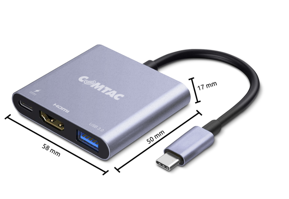 Hub Tipo C Comtac 3 em 1, HDMI, USB Tipo C 100W, USB 3.0