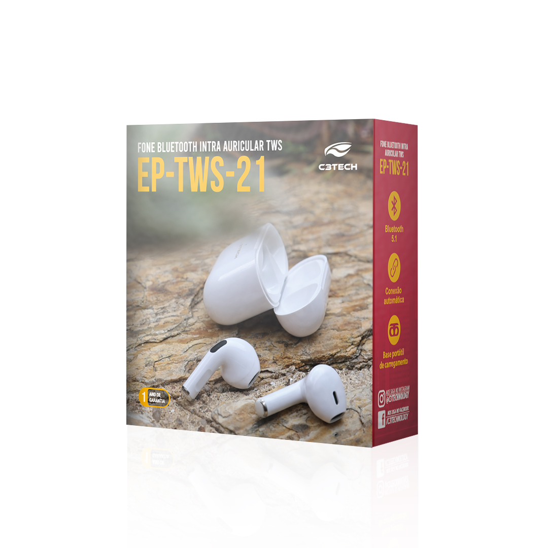 Fone de Ouvido TWS, Bluetooth 5.1, EP-TWS-21WH, Branco - C3Tech