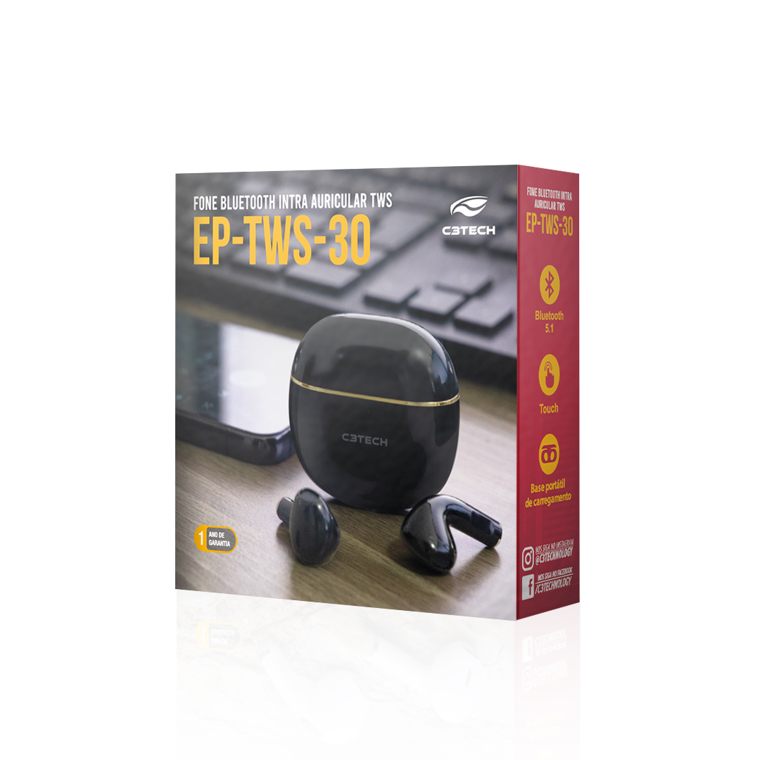 Fone de Ouvido TWS, Bluetooth 5.1, EP-TWS-30BK Preto - C3Tech