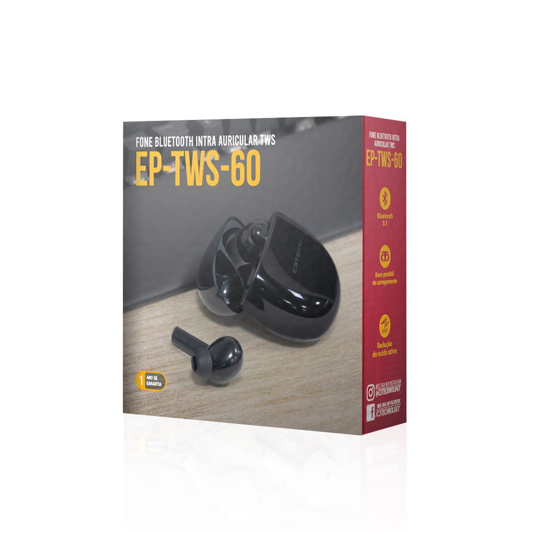 Fone de Ouvido TWS, Bluetooth 5.1, EP-TWS-60BK, Preto - C3Tech