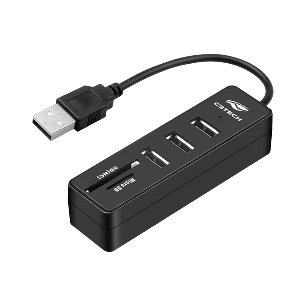 Hub USB 2.0 C3 Tech 5 em 1, 3x USB 2.0, 1 x Cartão de Memória SD, 1 x Cartão Micro SD/TF - HU-L200BK