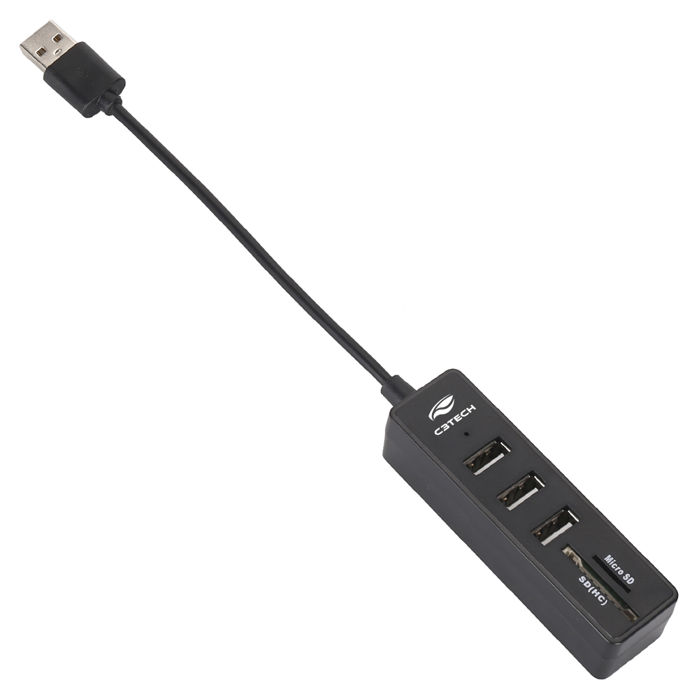 Hub USB 2.0 C3 Tech 5 em 1, 3x USB 2.0, 1 x Cartão de Memória SD, 1 x Cartão Micro SD/TF - HU-L200BK