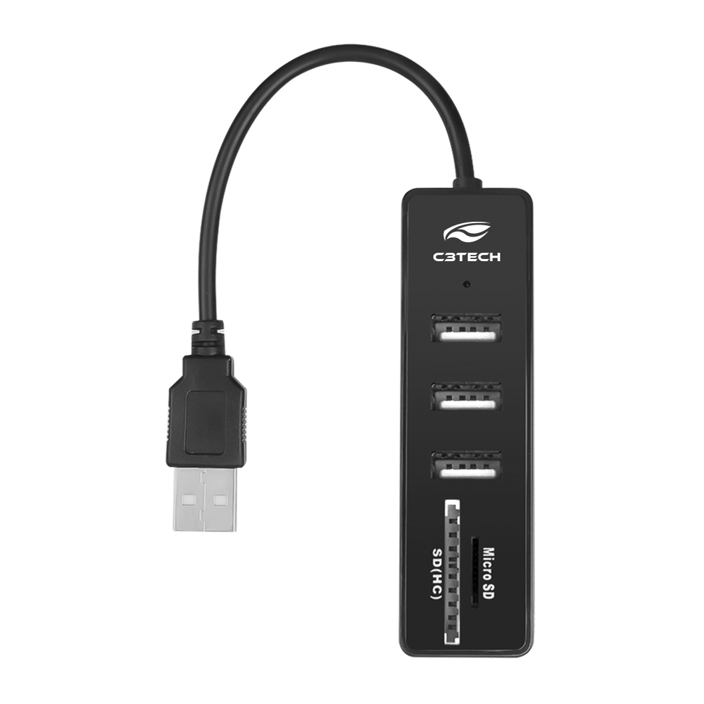Hub USB 2.0 C3 Tech 5 em 1, 3x USB 2.0, 1 x Cartão de Memória SD, 1 x Cartão Micro SD/TF - HU-L200BK