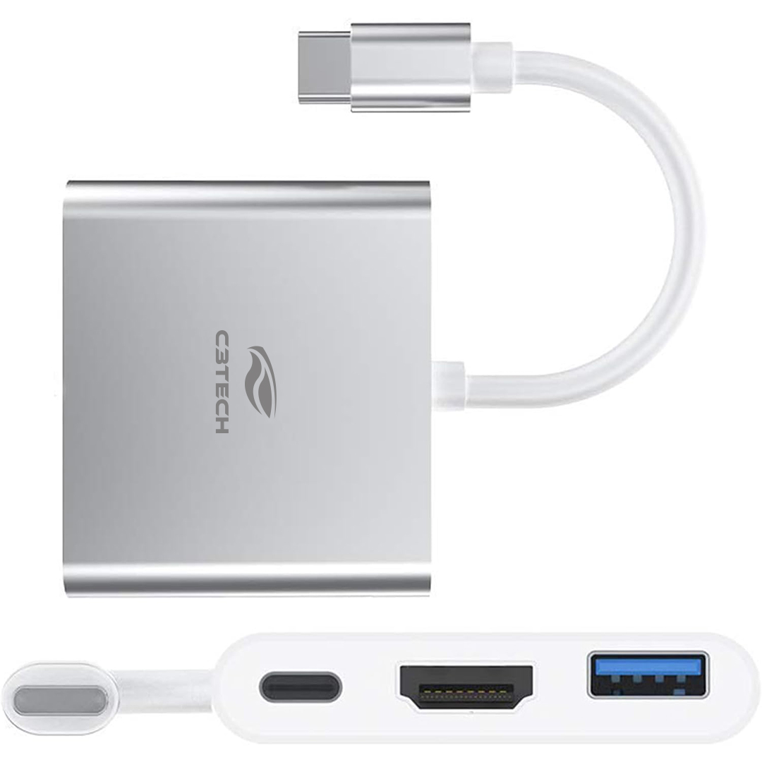 Hub USB Tipo-C C3 Tech 3 em 1, 1x USB 3.0, 1x USB Tipo C PD 65W, 1x HDMI 4K 30Hz - HU-D10SI