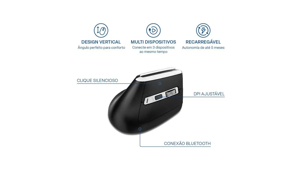 Mouse sem Fio Multilaser, Ergonômico, Vertical, Bluetooth, USB, 3200 DPI Ajustável, 6 Botões, MS900