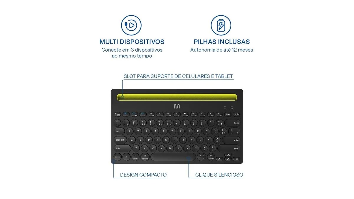 Teclado sem Fio Multilaser, Conexão Bluetooth, Slot para Apoio, Preto, TC284