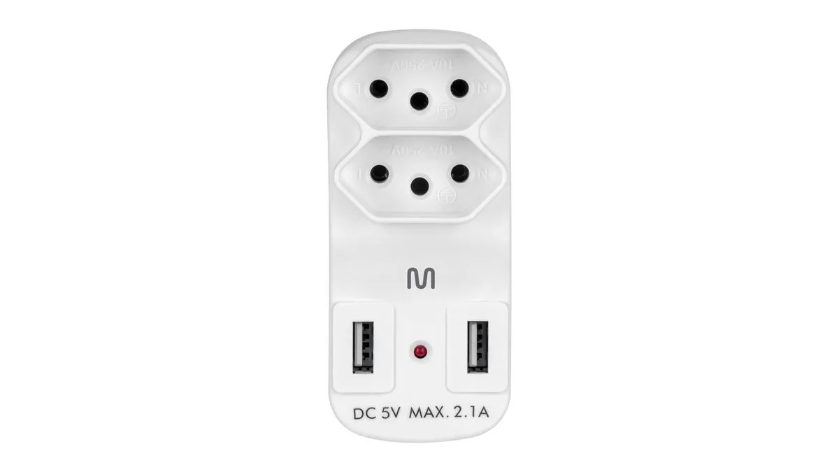 Adaptador de Tomada Multilaser, 2 Saidas 2P+T, com 2 Portas USB 2,1A, WI331