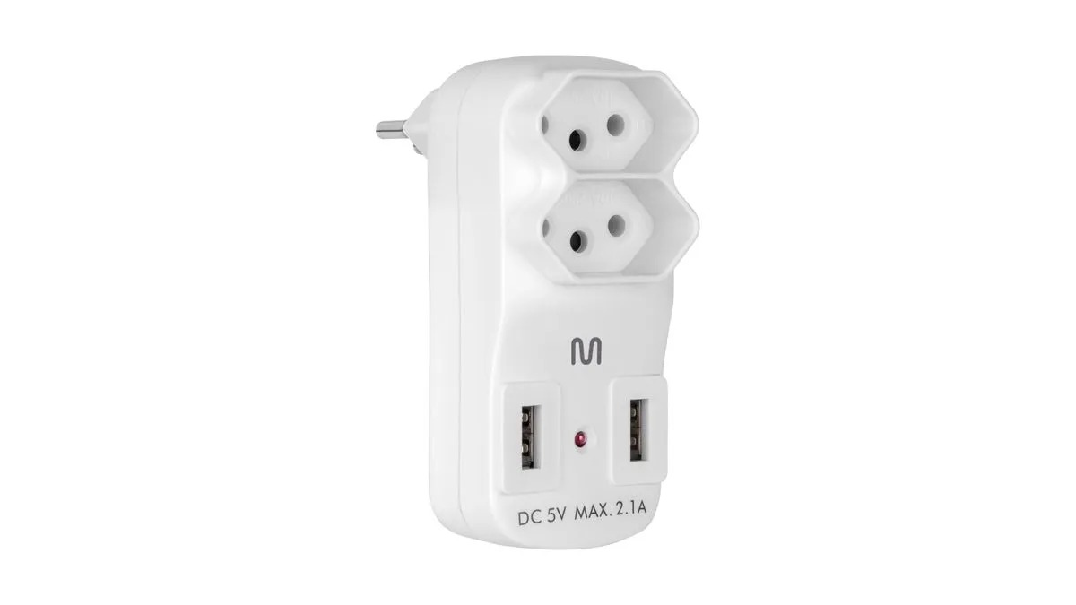 Adaptador de Tomada Multilaser, 2 Saidas 2P+T, com 2 Portas USB 2,1A, WI331