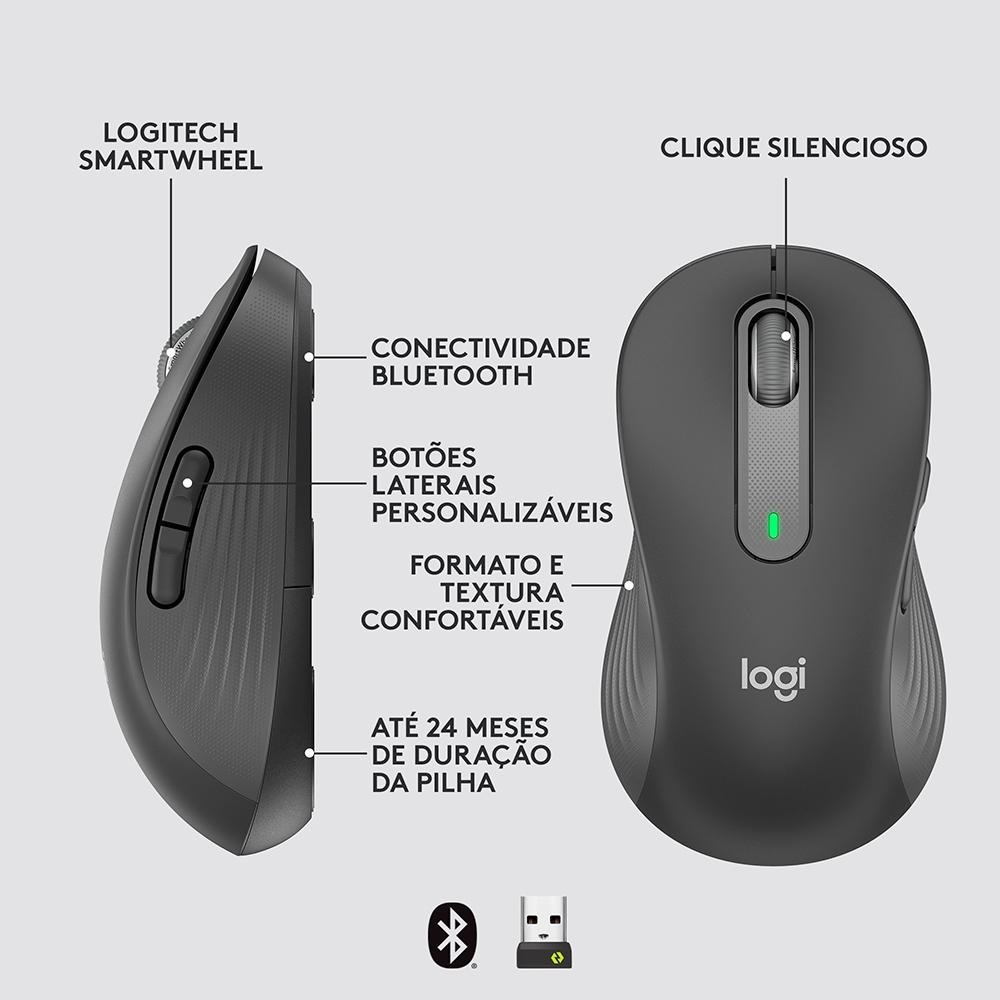 Mouse sem Fio Logitech Signature M650 L Left, para Canhoto Tam Padrão, USB e Bluetooth- Grafite