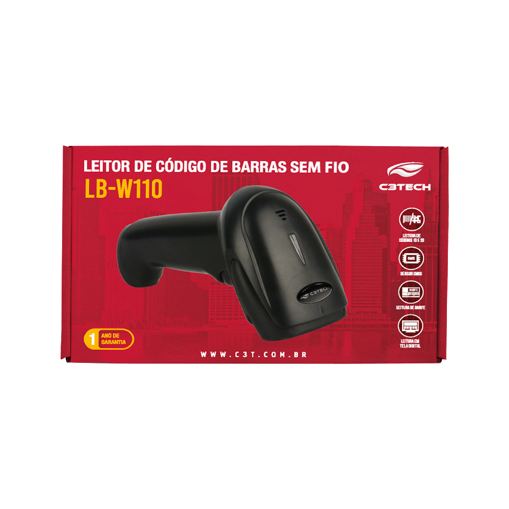 Leitor de Código de Barras 1D 2D sem Fio Lb W110BK C3Tech Escaneamento Manual e Automático