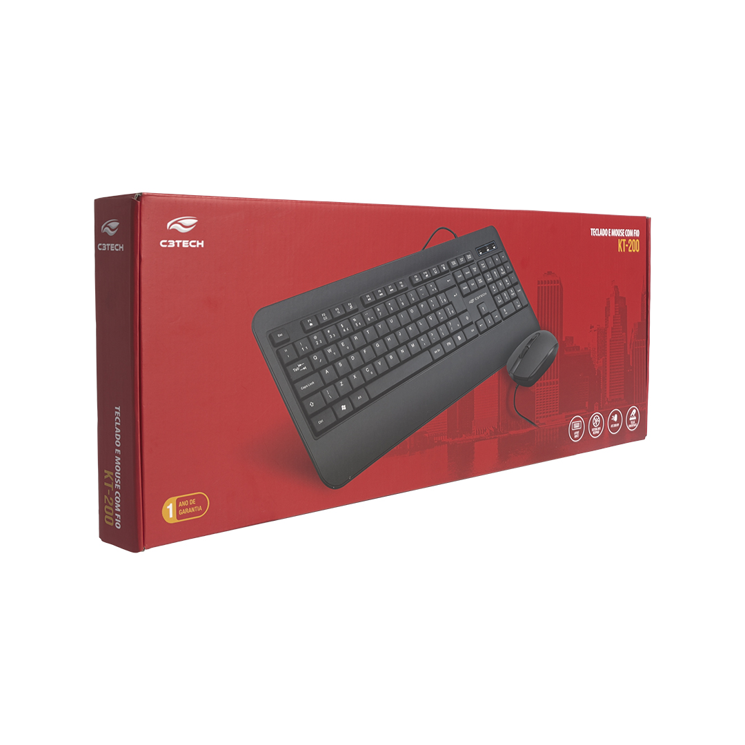Teclado e Mouse com Fio USB Kt 200BK C3 Tech ABNT2 Cabo de 1.2 Metros Preto