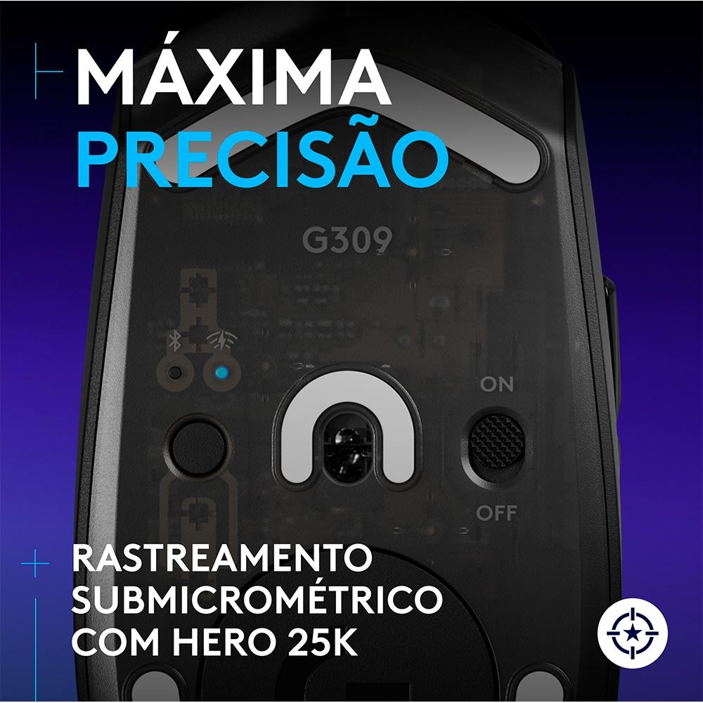Mouse Gamer sem Fio Logitech G309 Lightspeed, Switches Lightforce, Sensor Hero 25K, 6 Botões, Preto