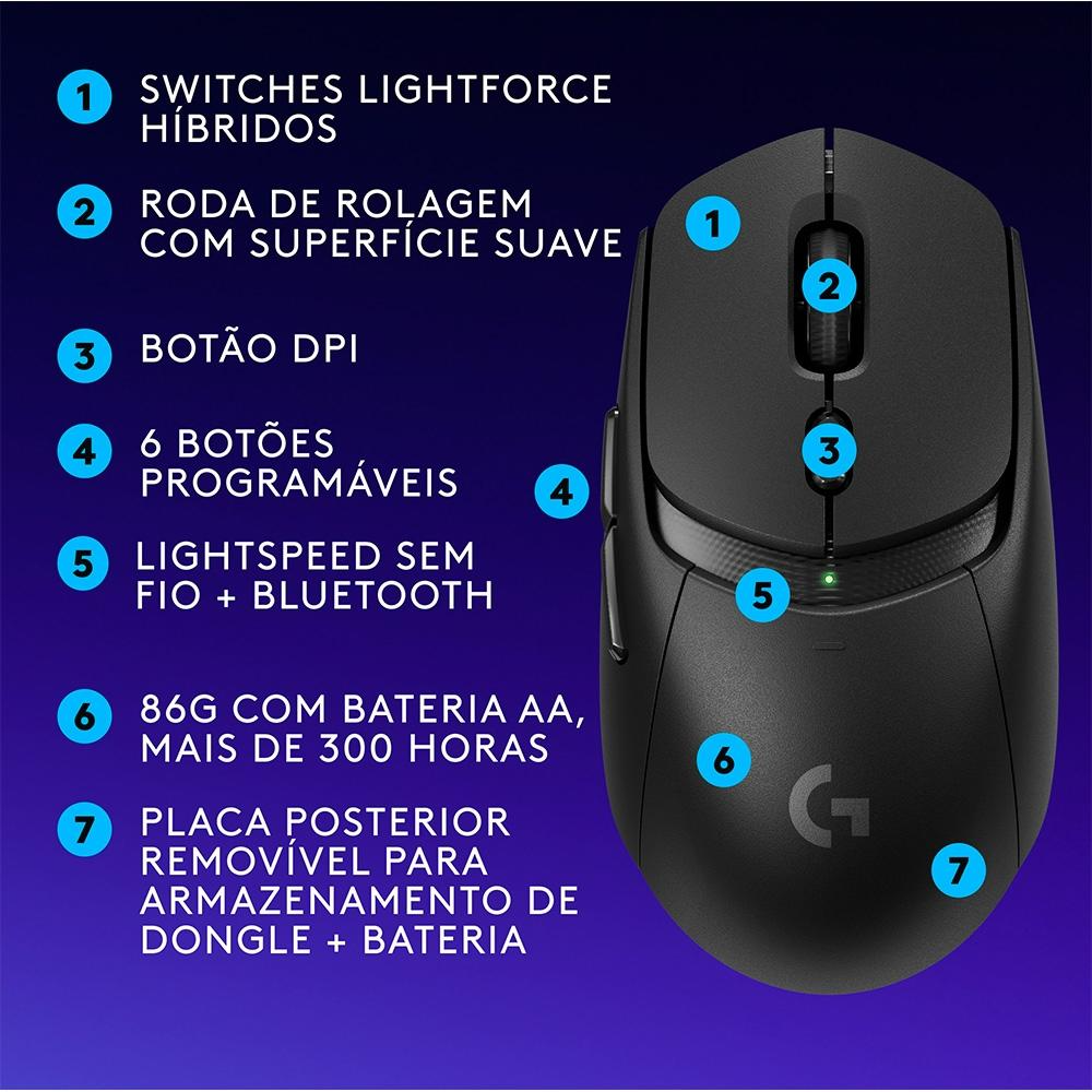 Mouse Gamer sem Fio Logitech G309 Lightspeed, Switches Lightforce, Sensor Hero 25K, 6 Botões, Preto