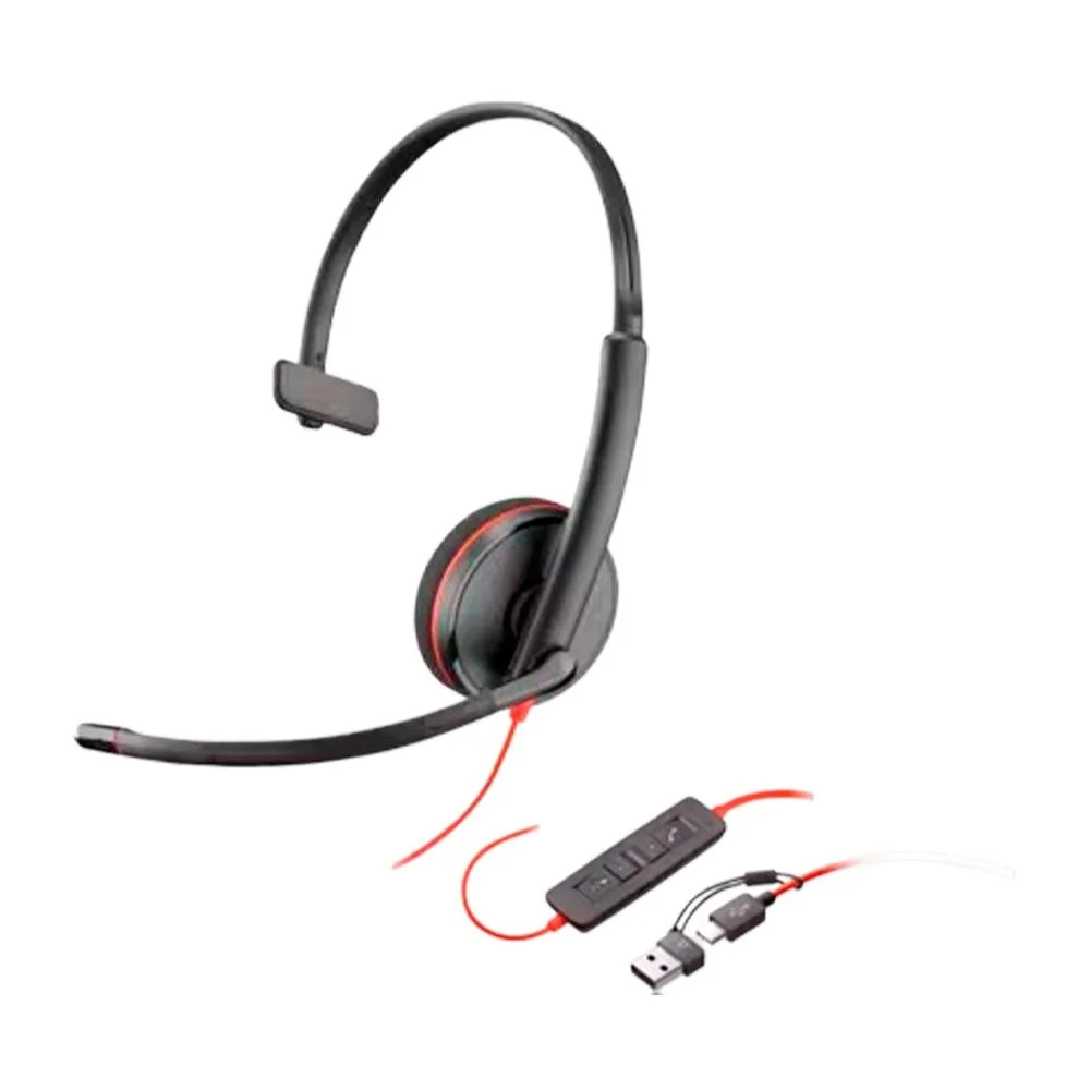 Headset com Fio HP Poly Blackwire 3210 Preto, USB-a, USB-C, Controles de Áudio Integrado, 8x214AA