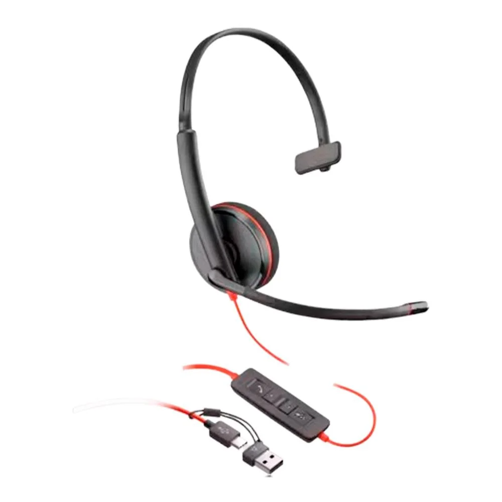Headset com Fio HP Poly Blackwire 3210 Preto, USB-a, USB-C, Controles de Áudio Integrado, 8x214AA