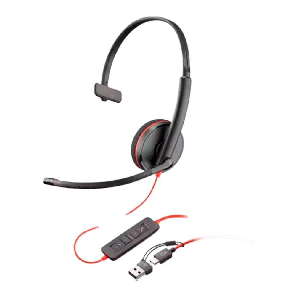 Headset com Fio HP Poly Blackwire 3210 Preto, USB-a, USB-C, Controles de Áudio Integrado, 8x214AA