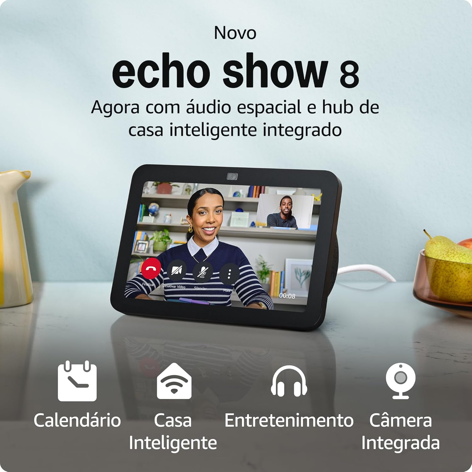 Echo Show 8 (3ª Geração, 2024) Smart Display com Áudio Espacial, Hub Casa Inteligente e Alexa, Preto