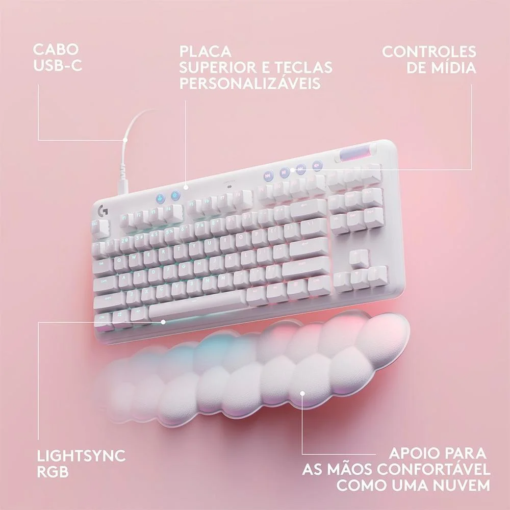 Teclado Gamer Logitech G713, Aurora Lightspeed RGB, Mecânico, Switch Gx Brown, ABNT2, Branco