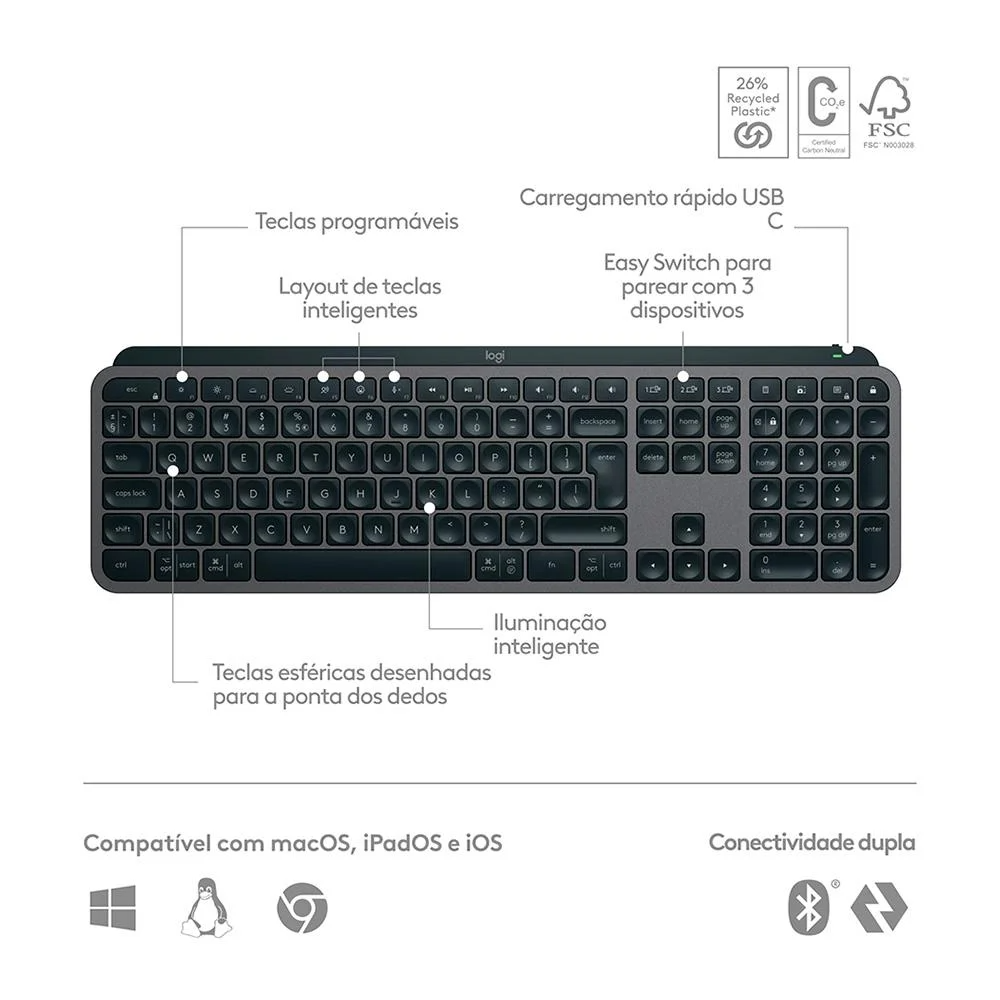 Teclado sem Fio Logitech Mx Keys S, Iluminação Inteligente, Bluetooth, USB, Logi Bolt, Recarregável