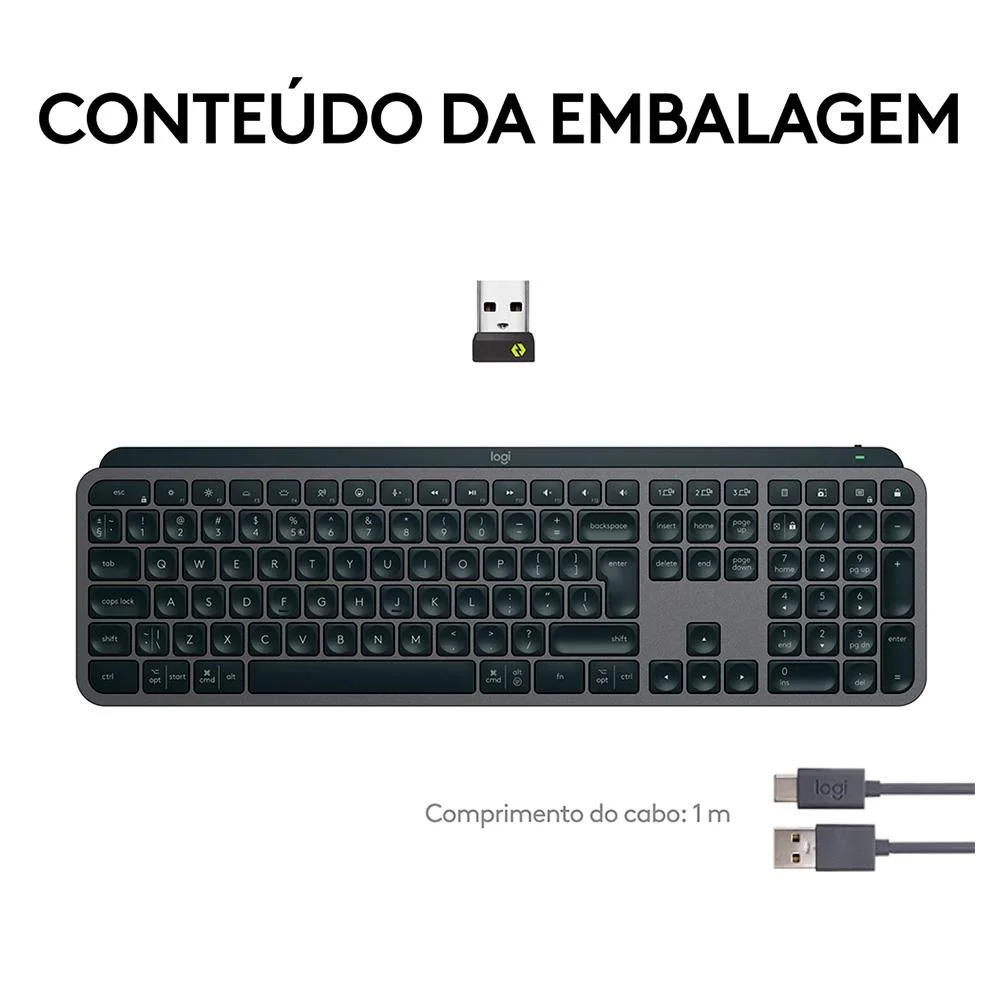 Teclado sem Fio Logitech Mx Keys S, Iluminação Inteligente, Bluetooth, USB, Logi Bolt, Recarregável