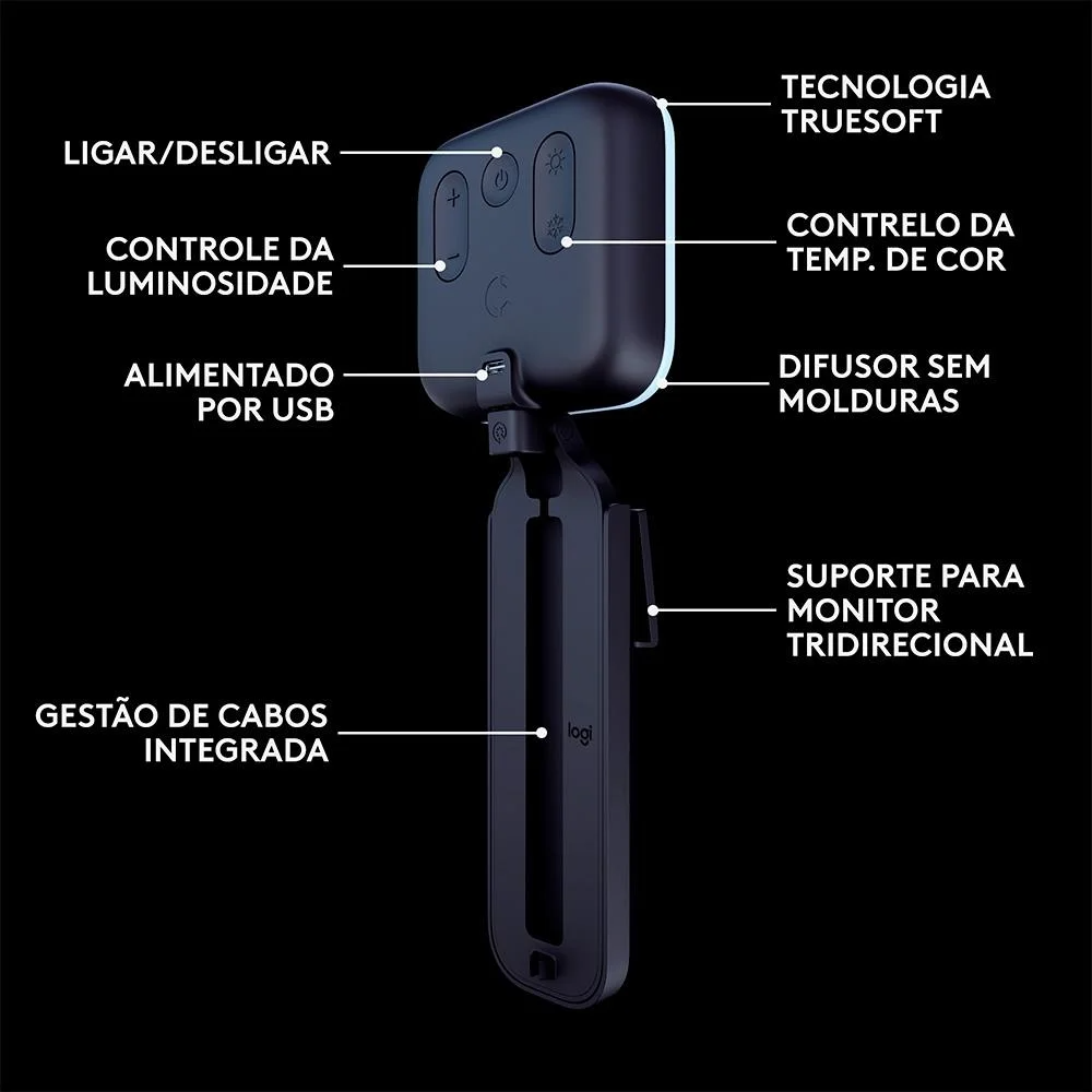 Iluminador LED Logitech Litra Glow,tecnologia Truesoft, Braço Ajustável, Controle por App, PC/Mac