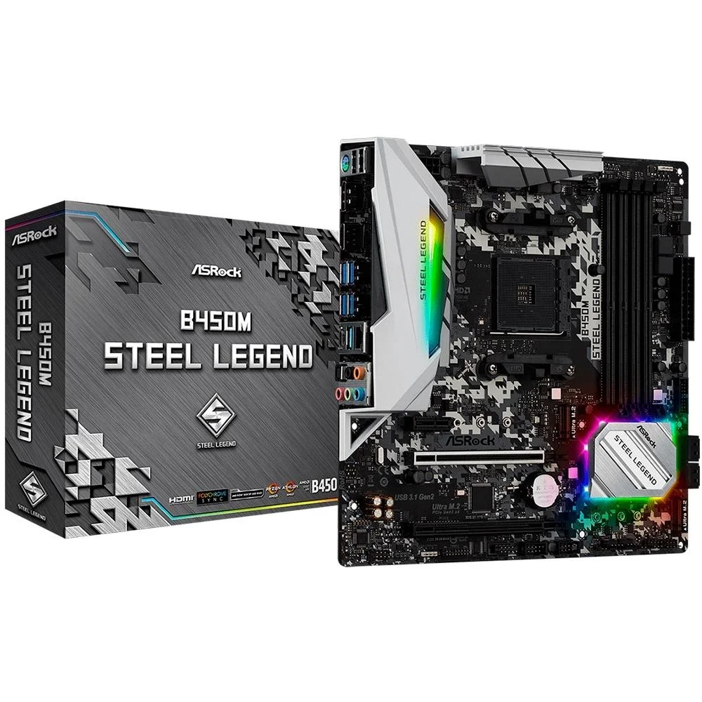Placa Mãe Asrock AM4 B450M Steel Legend MATX, DDR4, M.2, USB-A/c 3.2, LAN Gigabit, HDMI/DP
