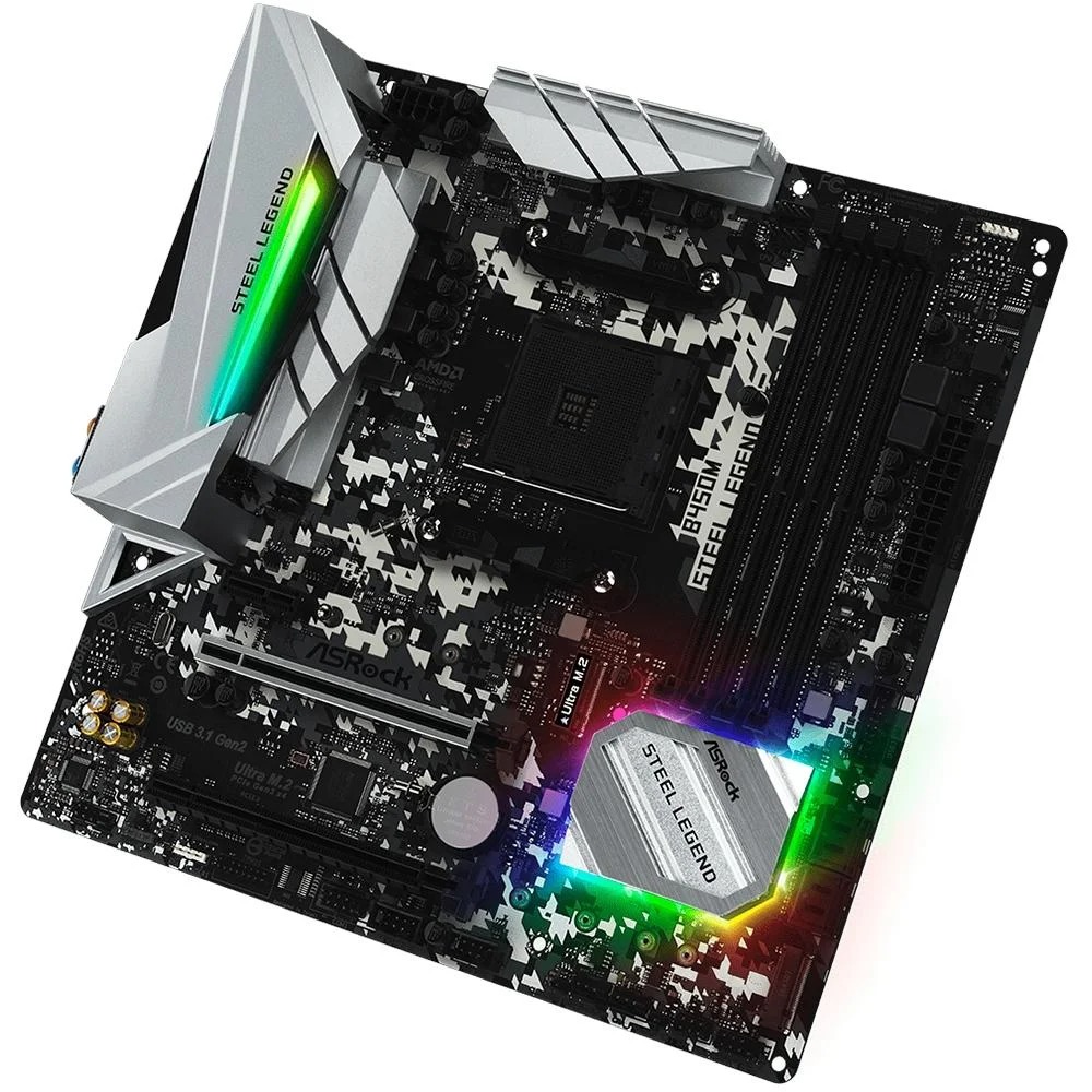 Placa Mãe Asrock AM4 B450M Steel Legend MATX, DDR4, M.2, USB-A/c 3.2, LAN Gigabit, HDMI/DP