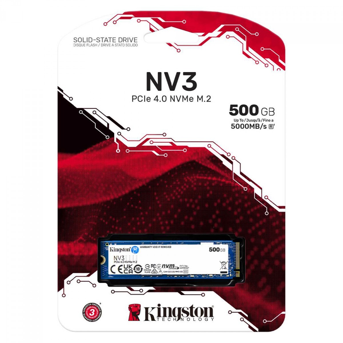 SSD M.2 NVMe 500GB Kingston NV3 PCIe 4.0 2280 Leitura 5000MB/s Gravação 3000MB/s