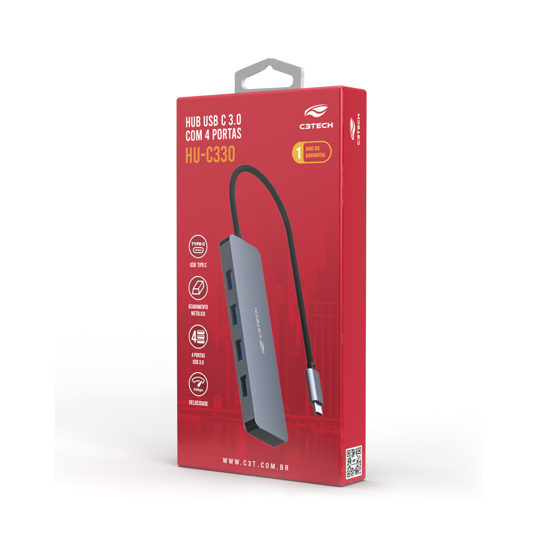Hub USB Tipo-C C3 Tech 4 em 1, 4 Portas USB 3.0, HU-C330GY