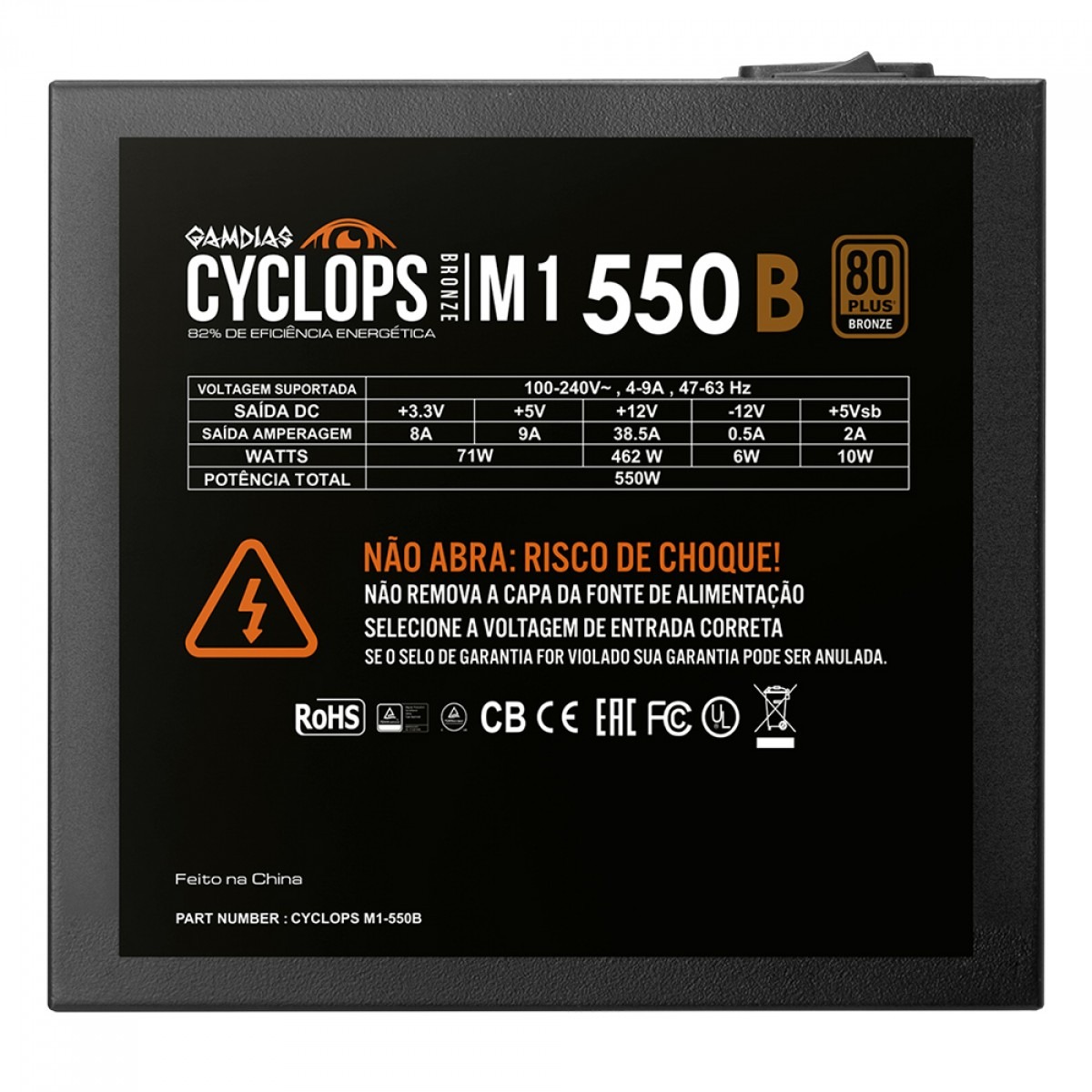 Fonte ATX 550W 80 Plus Bronze Gamdias Cyclops M1-550B, Cybenetics, Teclab. PFC Ativo