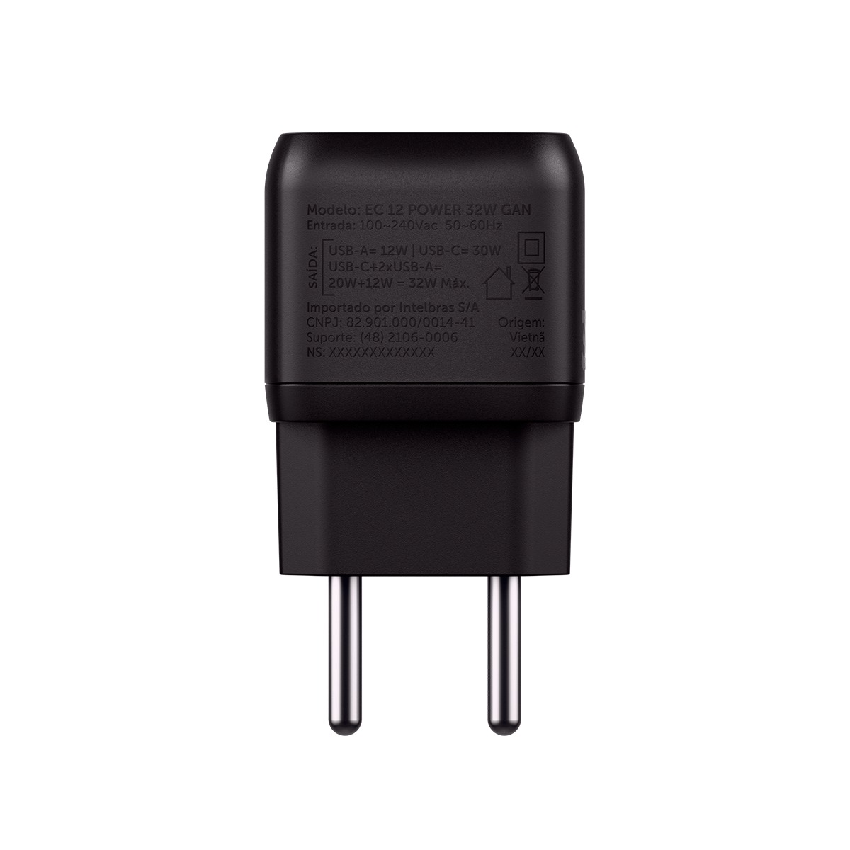 Carregador de Parede Turbo Intelbras USB-C + 2 USB a EC12 Power 32W Preto
