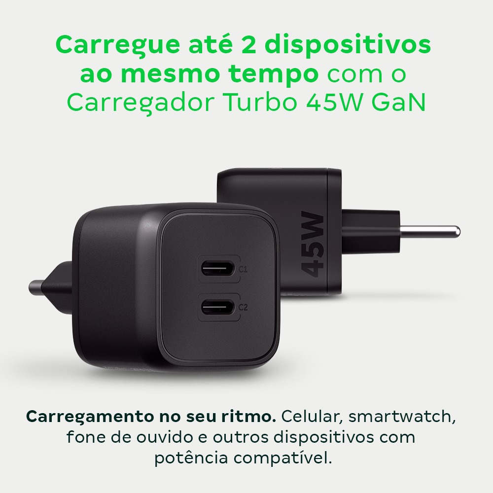Carregador de Parede Turbo Intelbras 2 USB-C EC20 Power 45W Preto