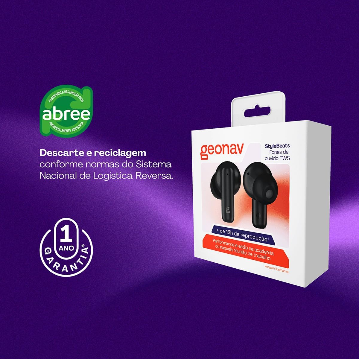 Fone de Ouvido TWS Geonav Style Beats, Bluetooth 5.4, 13H Bateria, Microfone, IPX4, AER16BK, Preto