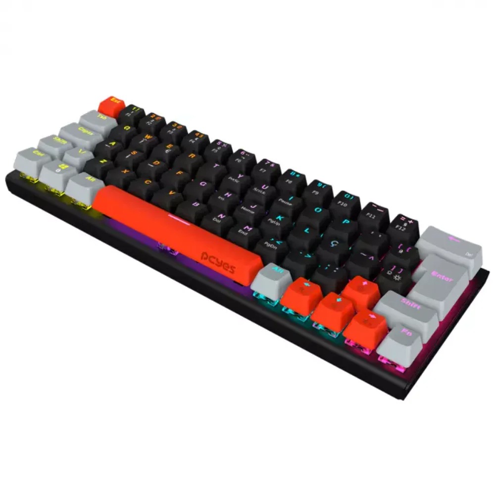 Teclado Gamer Mecânico 60% PCYes Kuromori Black Vulcan, Switch Blue, LED Rainbow, Preto