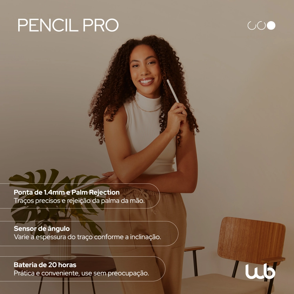 Caneta Pencil Pro Wb para iPad Branca com Palm Rejection e Sensor de Ângulo com Estojo Cinza