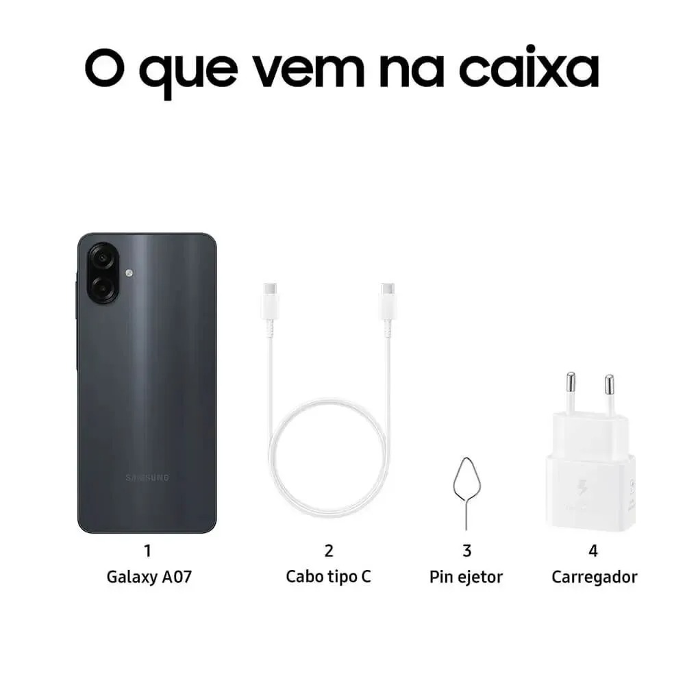 Smartphone Samsung Galaxy A07, 128GB, 4GB RAM, Câmera 50MP + Selfie 8MP, Tela 6,7" - Preto
