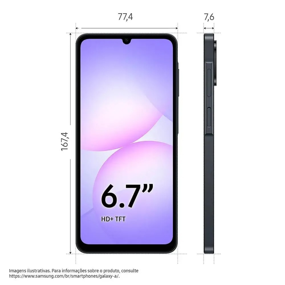 Smartphone Samsung Galaxy A07, 128GB, 4GB RAM, Câmera 50MP + Selfie 8MP, Tela 6,7" - Preto