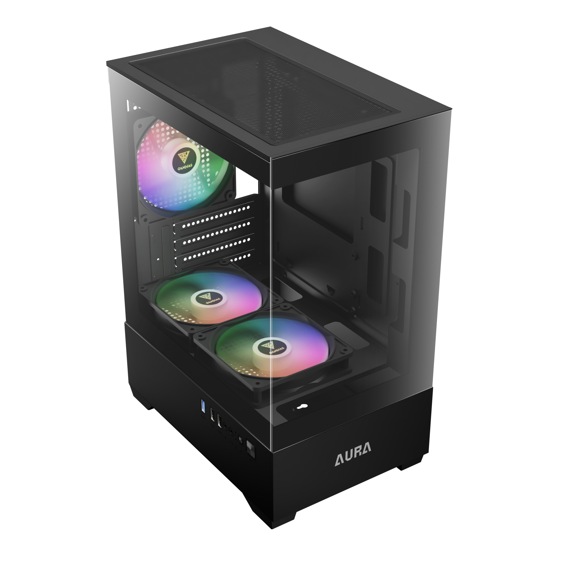 Gabinete Gamer Micro ATX Gandias Aura GC9M Elite Vidro Temperado sem Fonte com 3 Fans - Preto