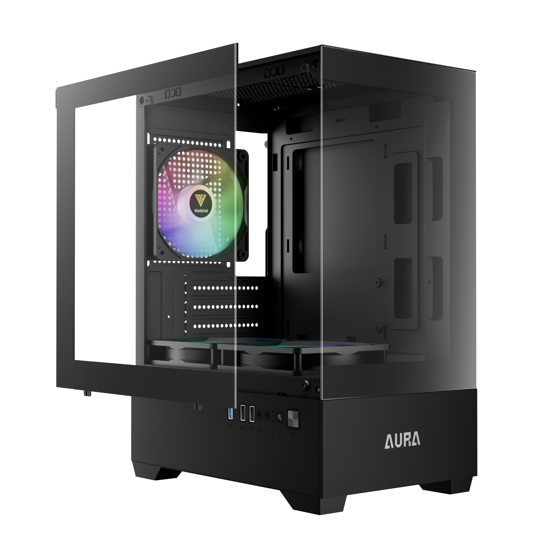 Gabinete Gamer Micro ATX Gandias Aura GC9M Elite Vidro Temperado sem Fonte com 3 Fans - Preto