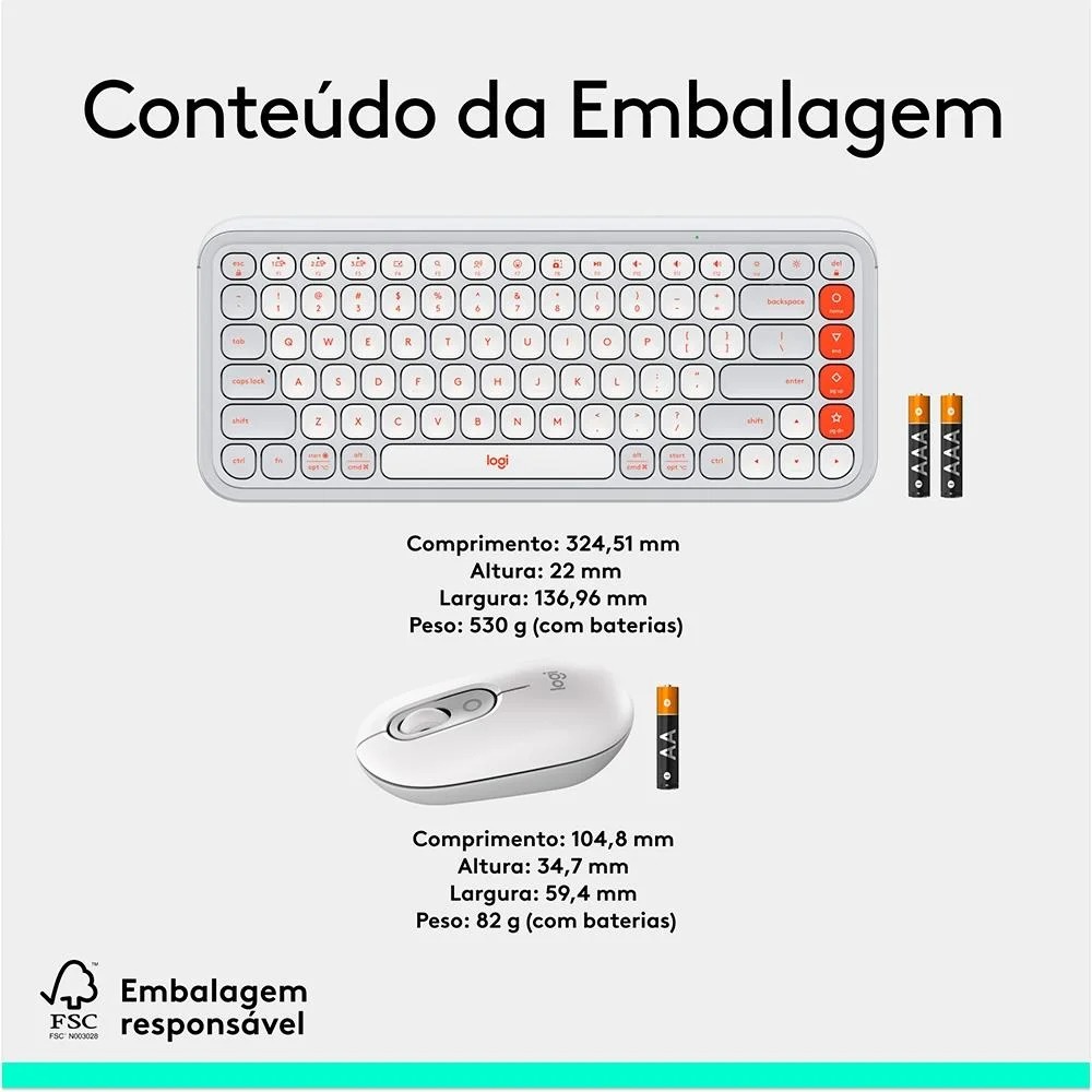 Teclado e Mouse sem Fio Logitech Pop Icon Silencioso, Teclas Personalizaveis, Bluetooth, Branco