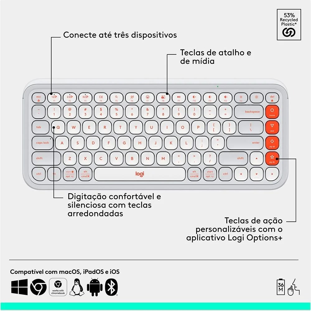 Teclado e Mouse sem Fio Logitech Pop Icon Silencioso, Teclas Personalizaveis, Bluetooth, Branco