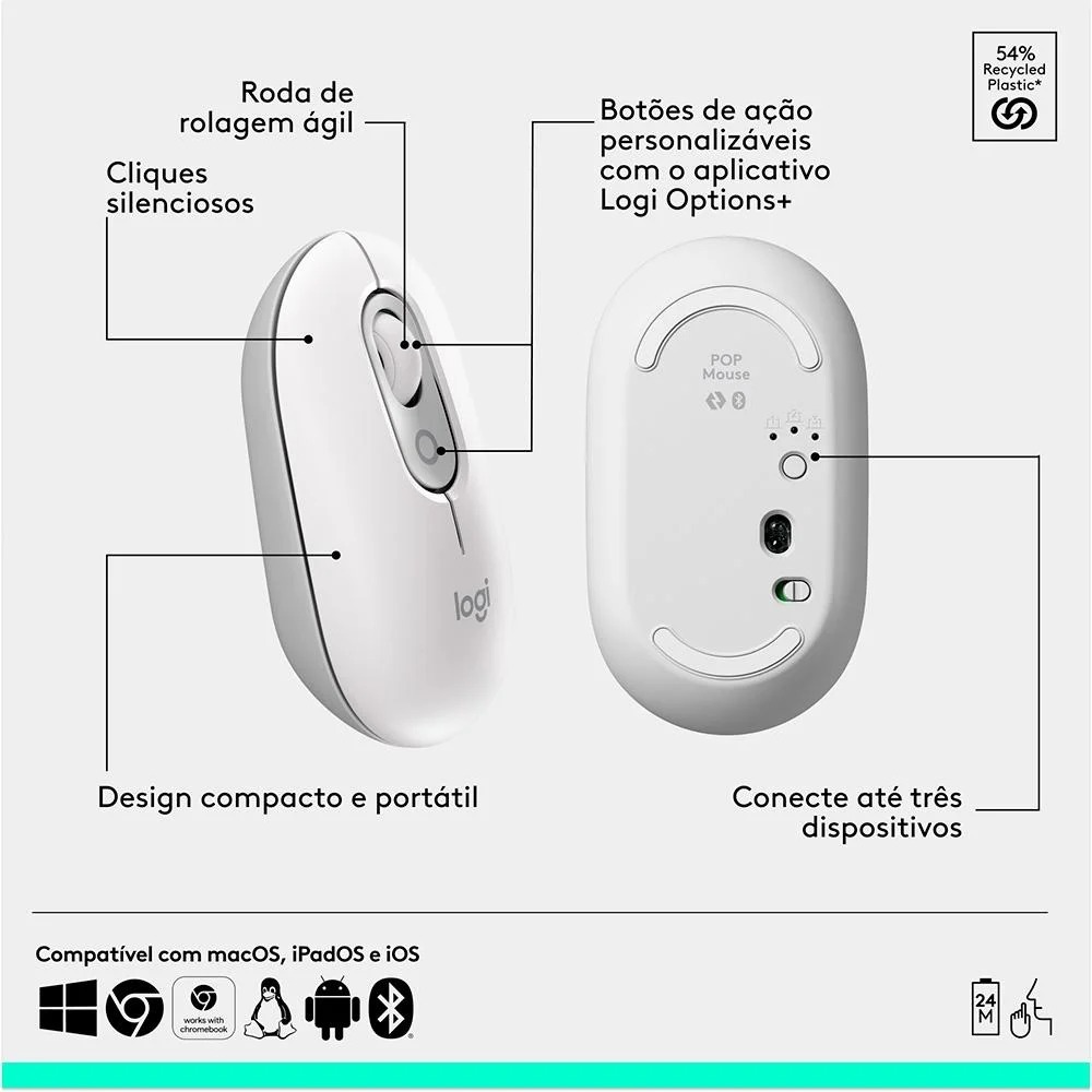 Teclado e Mouse sem Fio Logitech Pop Icon Silencioso, Teclas Personalizaveis, Bluetooth, Branco