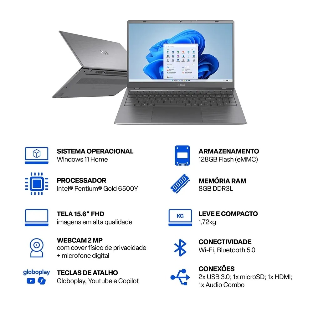 Notebook Ultra Pentium Gold 6500Y, 8GB 128GB Emmc Cinza - UB366