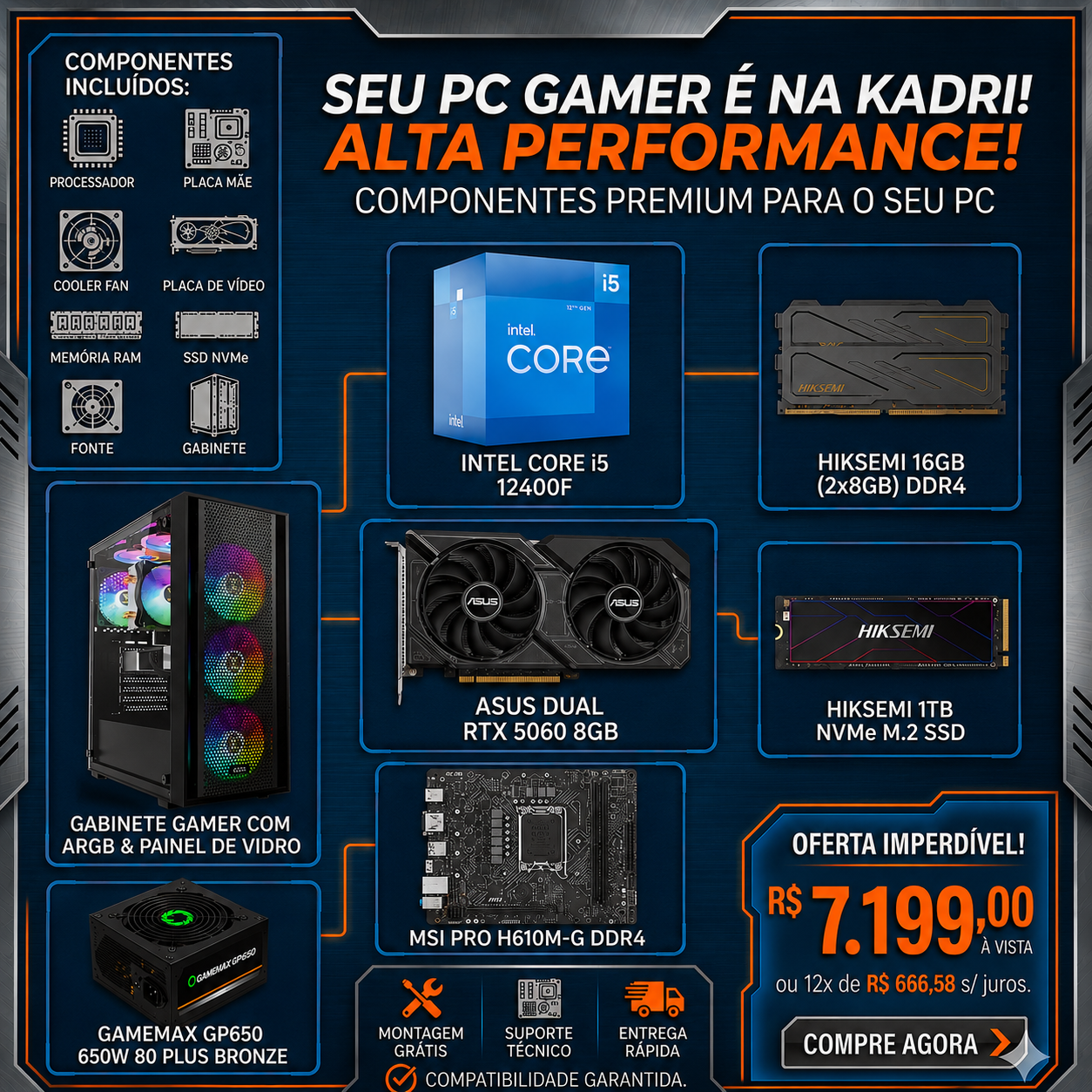 Desktop KDR Gamer i5-12400F 16GB DDR4 1TB SSD RTX 5060 8GB Fonte 650W sem Sistema