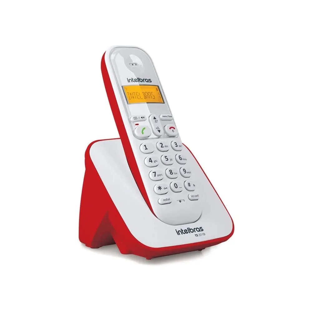 Telefone sem Fio Intelbras TS 3110 Branco e Vermelho, Display Luminoso, Identificador de Chamadas
