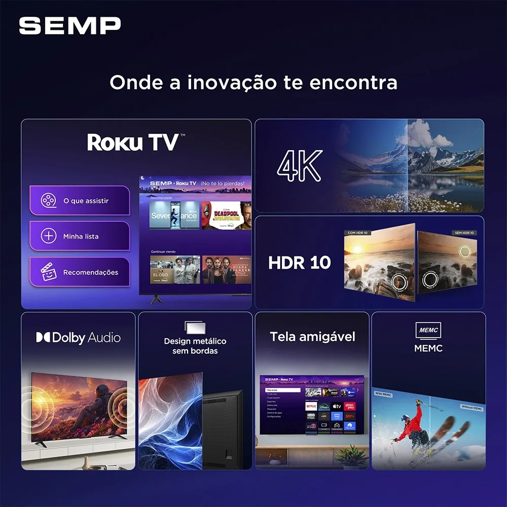 Smart TV Semp 55 Polegadas LED 4K S62R Roku TV Wi-Fi HDR10 Dolby Audio Brilho até 270 Nits 55S62R