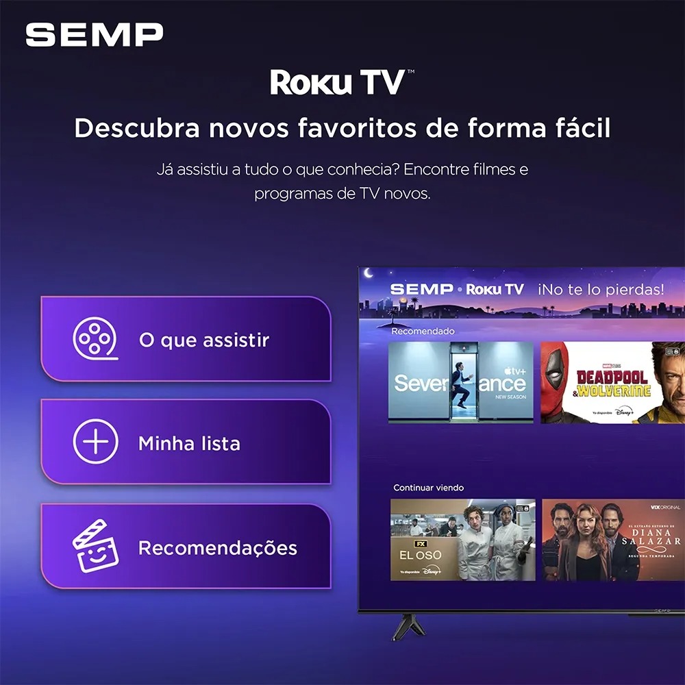 Smart TV Semp 55 Polegadas LED 4K S62R Roku TV Wi-Fi HDR10 Dolby Audio Brilho até 270 Nits 55S62R